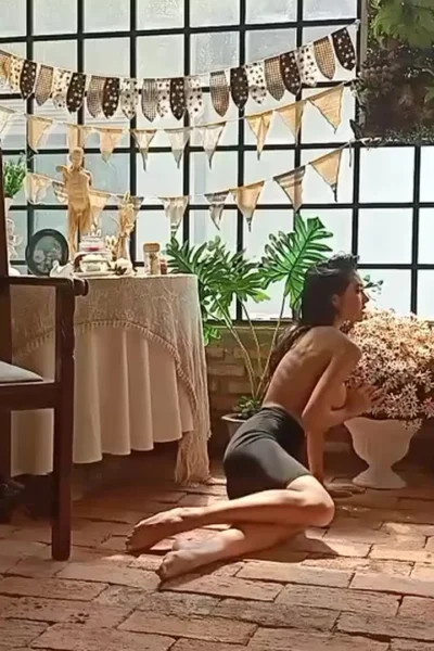 freaky hoe Ploytigerstam big boobs standing out in her indoor garden
