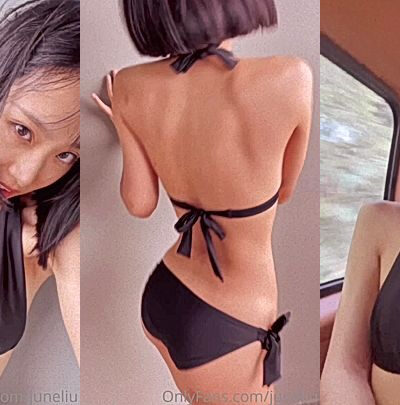 nasty chick June Liu shake her ass in her black bikini and show her sexy naked body