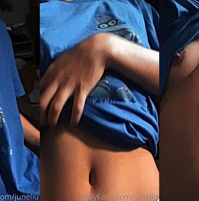 hot babe June Liu show her flat stomach and touch her small tits