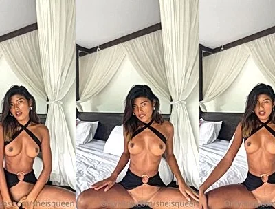 slutty onlyfans model Tita Sahara kneel on bed and rubs her big natural big boobs